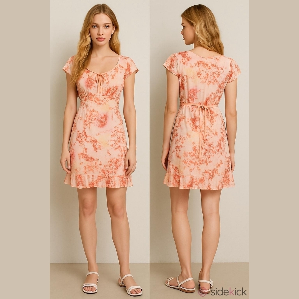 𝅺Vintage 1990s Carolina Blues Peach Floral Stretchy Ruffle Tie-Waist Mini Dress
